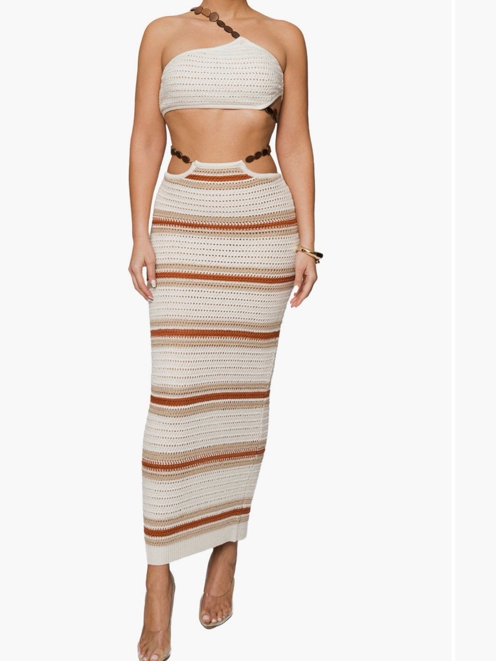 JLUXLABEL Crochet Maxi Skirt in Cream and Tan Stripe